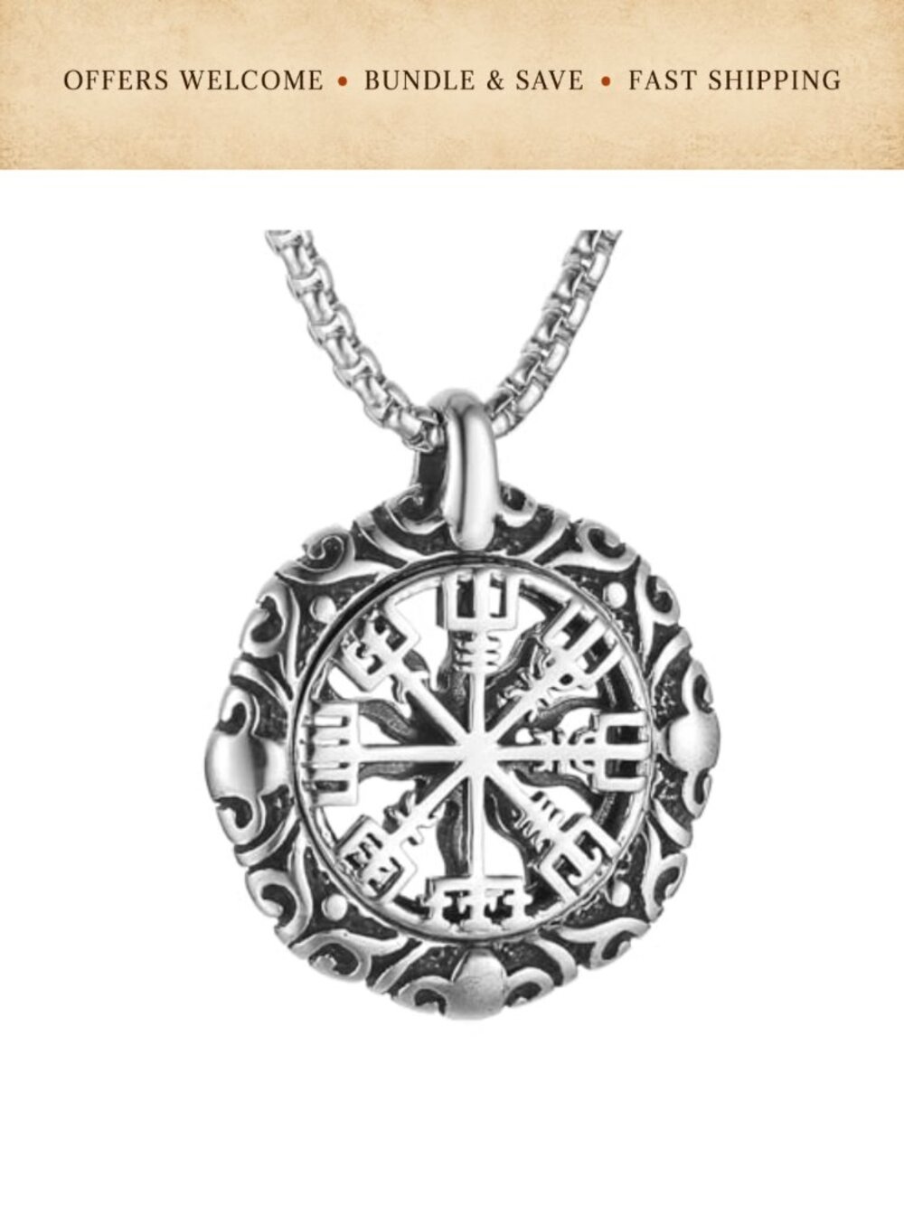 Viking Vegvisir Norse Compass Stainless Steel Necklace Double-Sided Hollow Sun